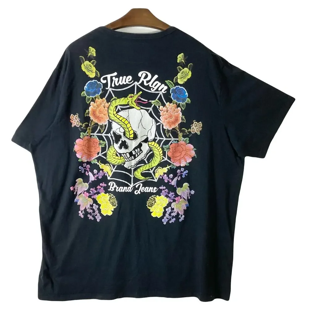 NWOT TRUE RELIGION T-Shirt Men 4XL Black Graphic Floral Snake Skull Short-Sleeve